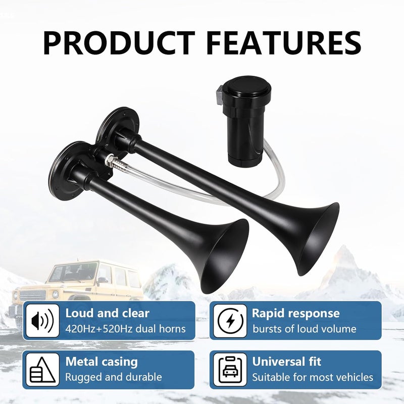 banhao Train Horn for Truck 150db Super Loud Truck Air Horn for Car with Compressor, Suitable for Any 12V Vehicles Train Car Ship Boat Lorry (12V, Black 2 tube horns with wire) - Image 2